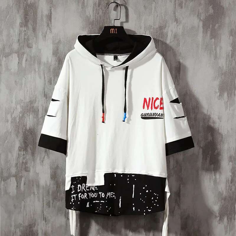 Men Fashion Ribben Hoodie Summer Short Sleeve Men's Hoodies Color Splice Hooded Tshirt Hip Hop Street Sweatshirt