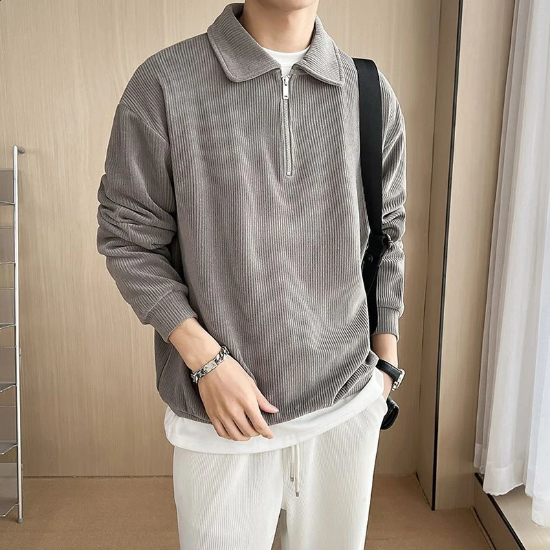 Fall Corduroy Long Sleeve Men Polo T Shirts Casual Harajuku Fashion Oversized Pullovers White Black Grey Hip Hop Punk Streetwear 240822