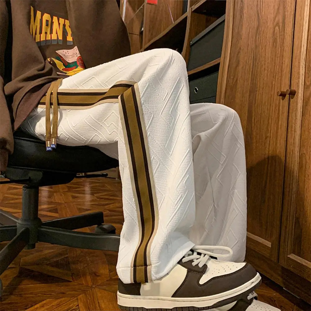 Men Pants Color Matching Wide Leg Drawstring Geometric Texture Trousers Elastic Waist Loose Hip Hop Trousers Mens Clothing 240822