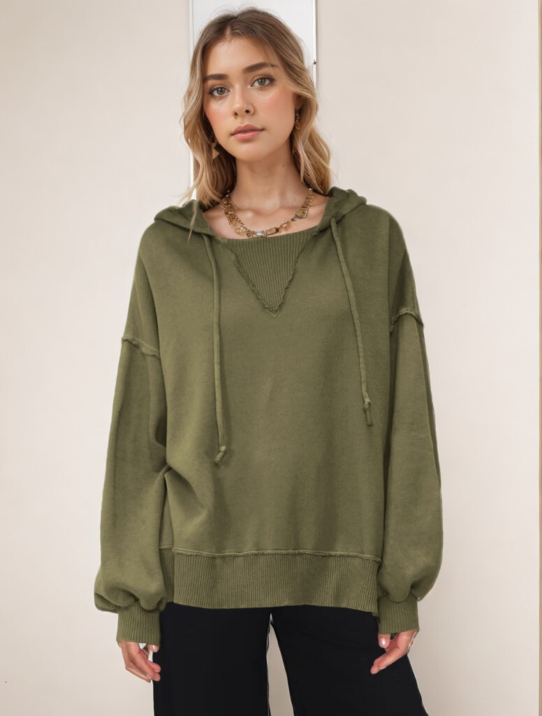 Solid color autumn and winter women's round neck loose slit trendy style hooded sweatshirt versatile dongdumaoyi