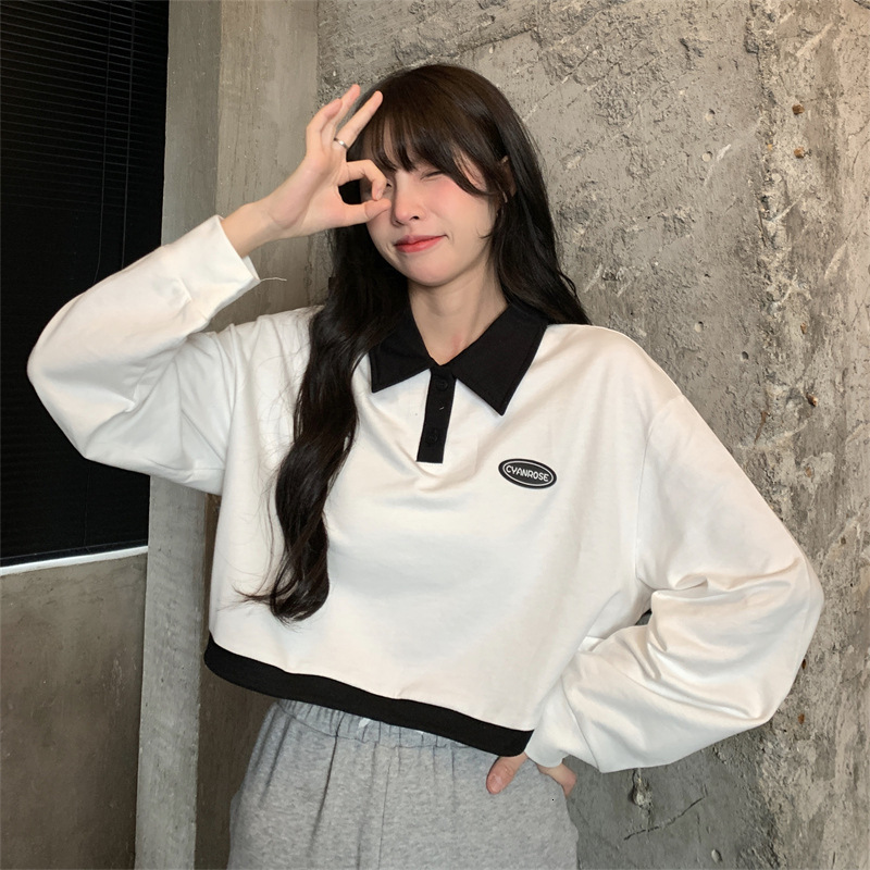 autumn slim design, loose and slimming, high waist short, drawstring long sleeved sweatshirt, women's lapel pullover top dongdumaoyi