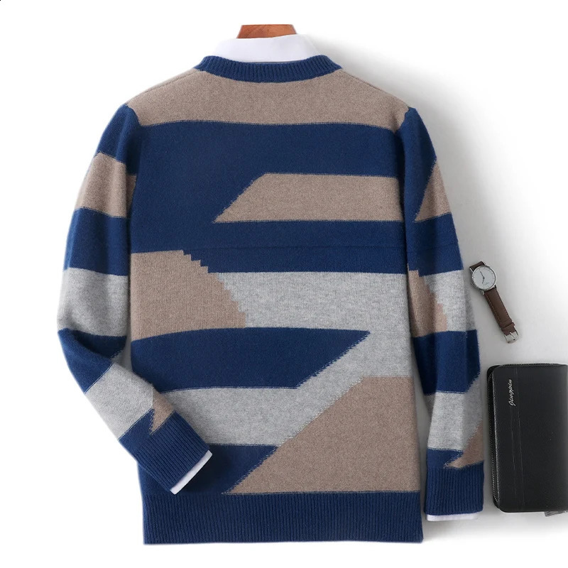 Autumn Winter Thick Cashmere Sweater Mens Round Neck Knitted Pullover 100% Merino Wool Contrasting Striped Mens Clothing 240821