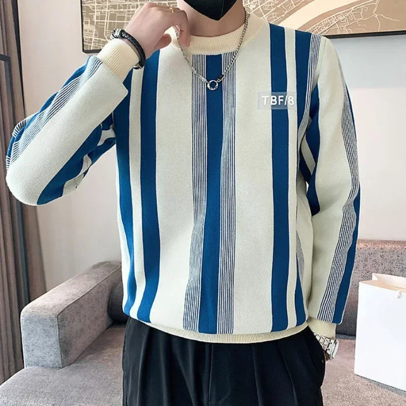 Mens Hoodless Striped Knitted Sweater Pulleys Logo n y Fun Korea Autumn A T 240821