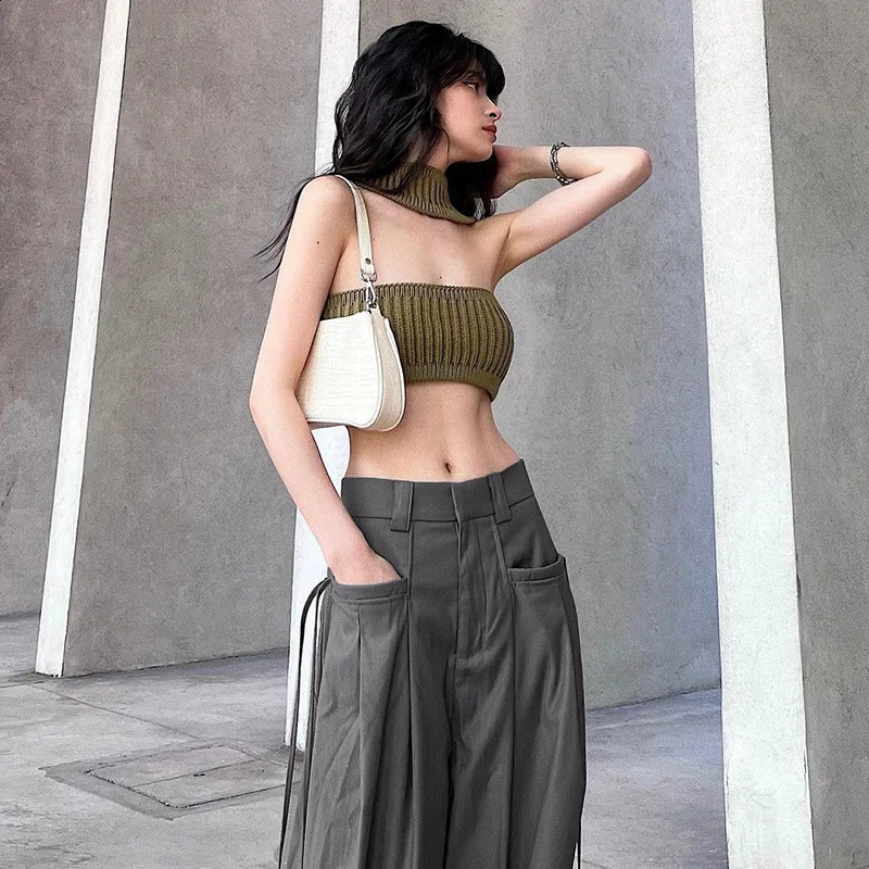 Grey Cargo Korean Fashion Lace Up Pocket Low Rise Casual Pants Women Streetwear Sweatpants Y2k Aesthetic Trousers 240821