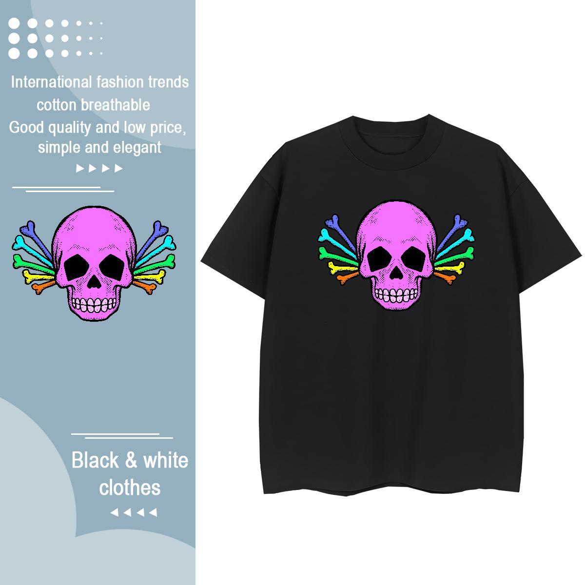 Casual New Womens T Shirts 230g Cotton Breathable Crew Neck Outdoor skull Tshirt for Man Woman Popular Black Oversized Clothes