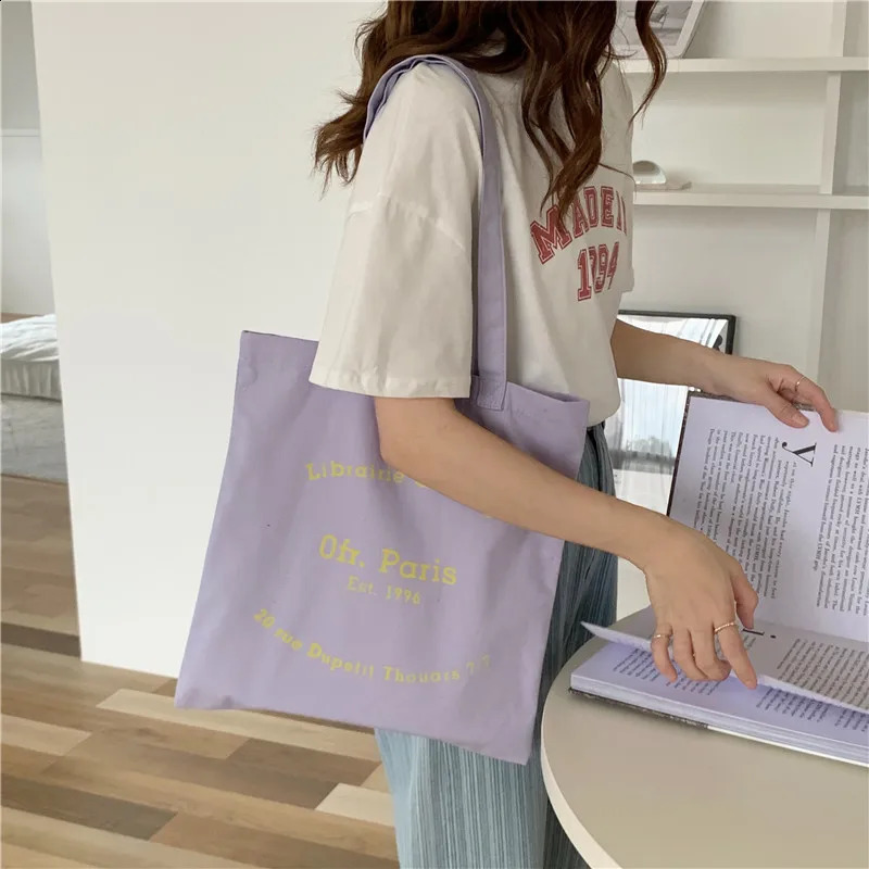 Women Canvas Shoulder Bag Paris Letter Print Ladies Casual Handbag Tote Bag Reusable Large Capacity Cotton Shopping Beach Bag 240821