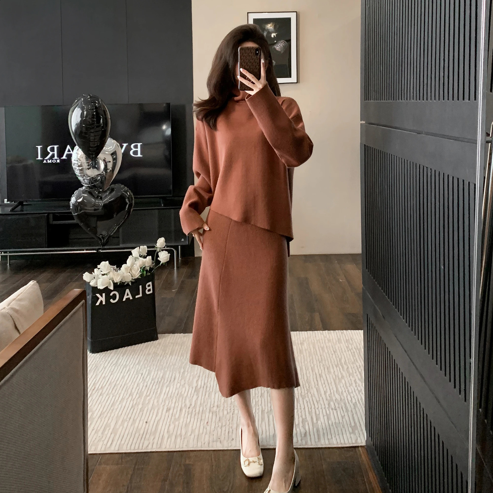 ZJYT Autumn Knitted Dress Set 2piece Womens Fashion Long Sleeve Navy Blue Neck Sweater and Belt Tight Clothes 240821