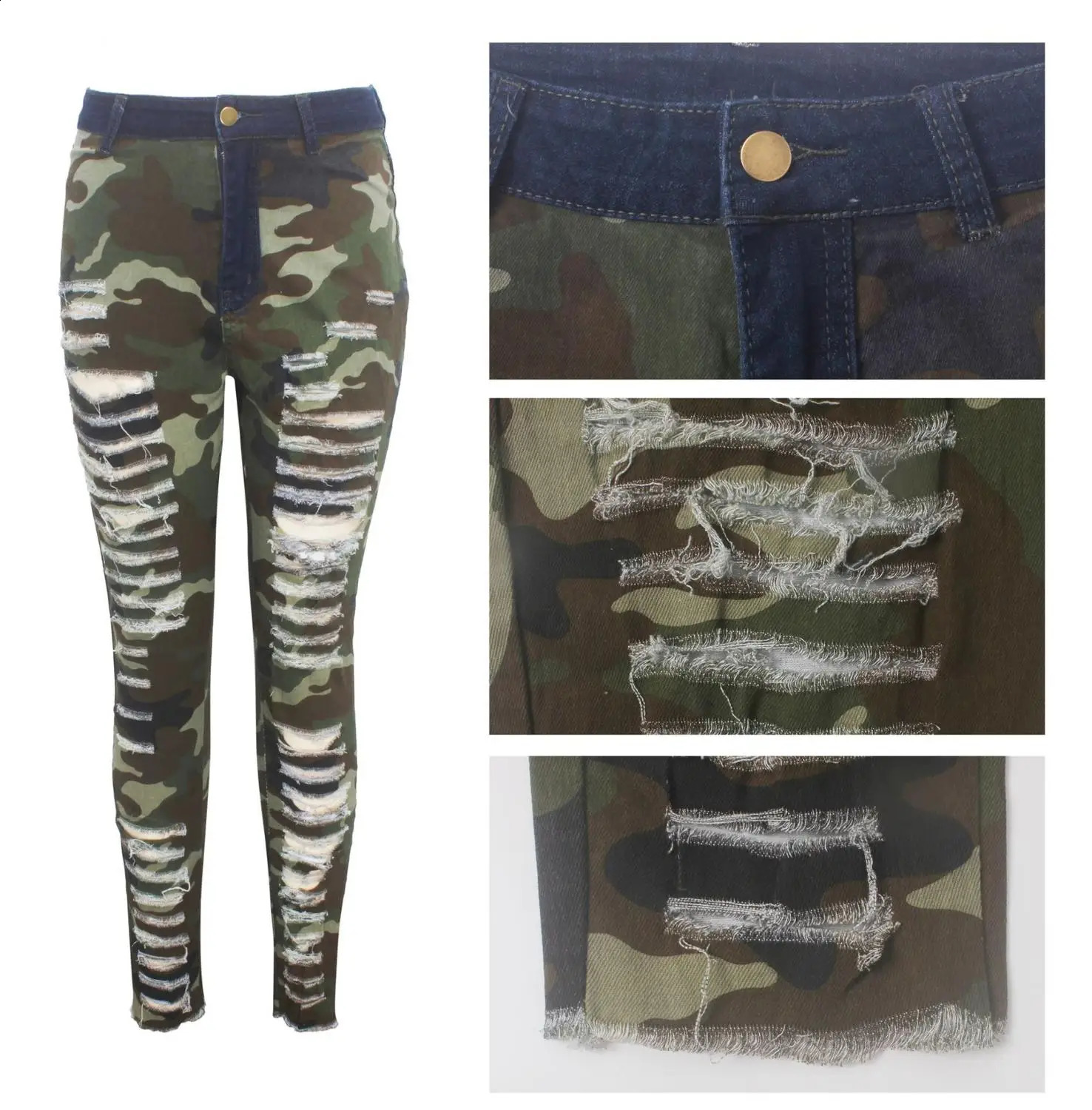 Autumn Winter Female Denim Pants Women Skinny Hole Spliced Camouflage Print Jeans Sexy Pencil Bandage Trousers 240821