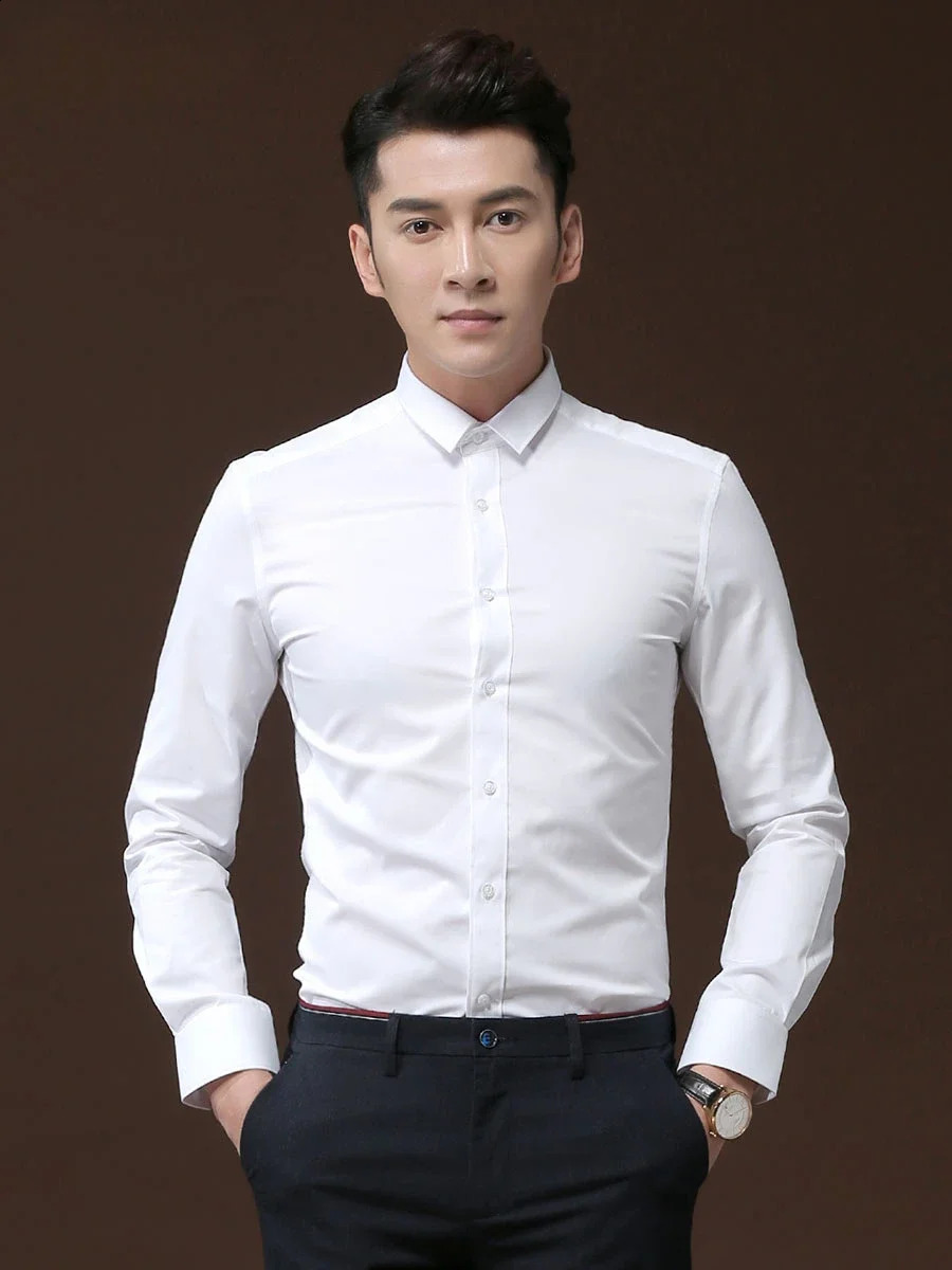 Mens long sleeved shirts slim fitting clothes white business casual formal clothes inch shirts youth spring shirts 240822