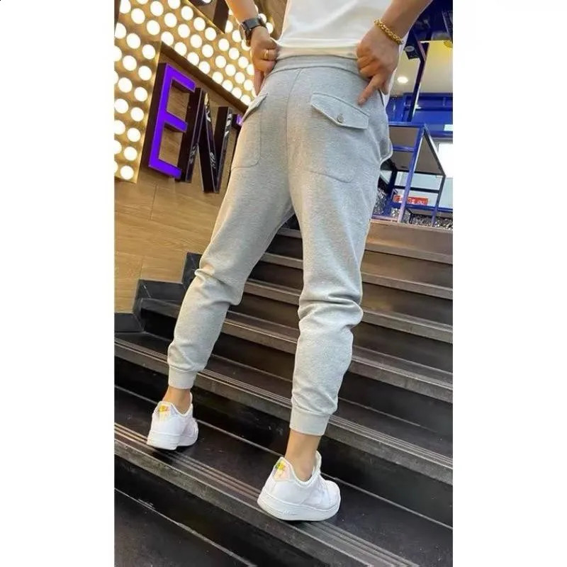 Autumn Trendy Ankle Sports Pants Loose Fit Sweatpants Solid Color Versatile Small Leg Harem Fashionable Casual Mens Clothing 240822