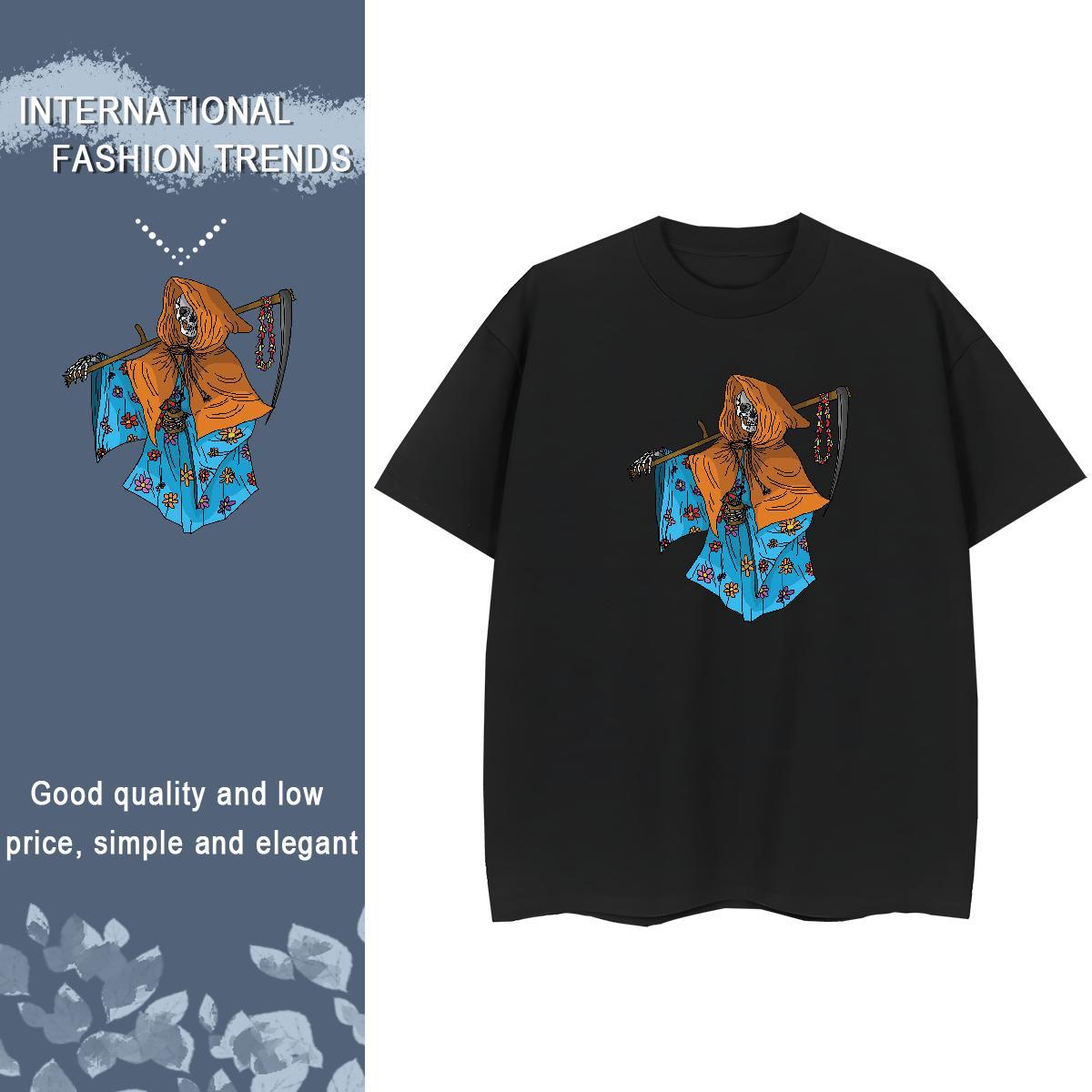 Fashion Casual Womens T Shirts 100% Cotton 230g O-Neck Short Sleeve Casual Sport skull Women Tshirts Loose Black Oversized Tops