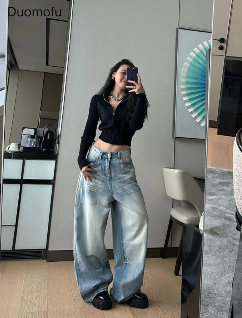 Duomofu Light Blue Classic Straight Strt Baggy Women Autumn Vintage Basic Simple Casual Slim High Waisted Jeans Z260313