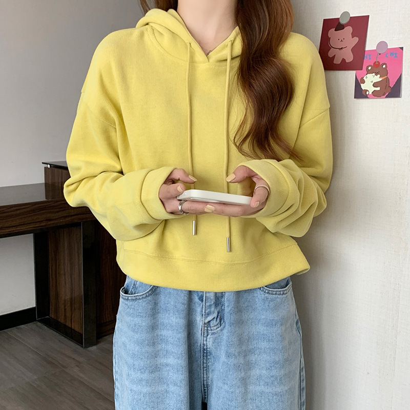College solid color simple loose slimming short long sleeved sweatshirt for women Spring and Autumn new style pullover hooded top dongdumaoyi
