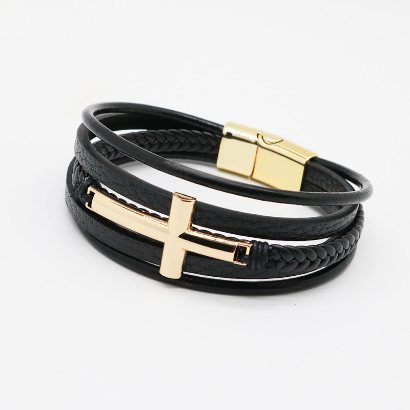 New Cross Leather Bracelet Men's Multi layer Leather Rope Weaving Bracelet Men's Alloy Bracelet