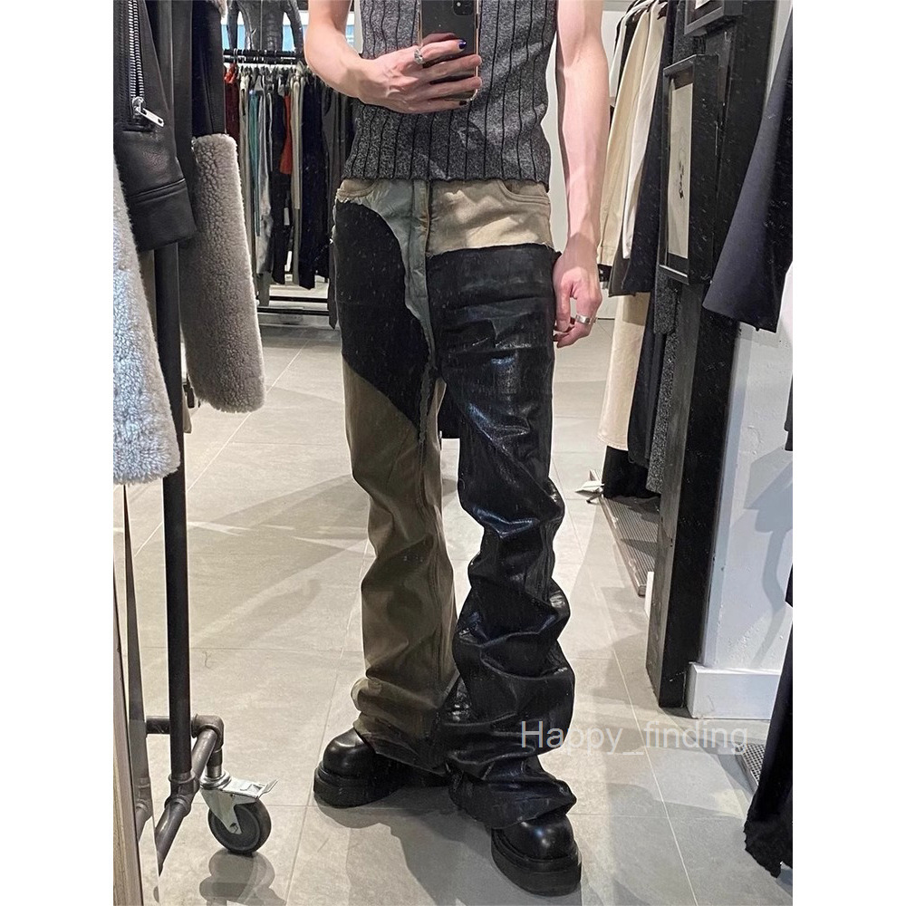 Ro Style Distressed Washed Spliced Coated Wax Pants with Wide Legs and Slightly Flared High Street Stacking Jeans Mens Versatile
