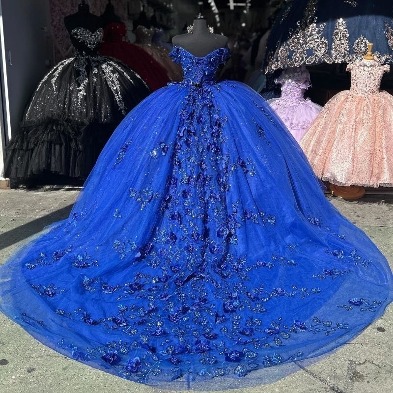 Royal Blue Shiny Sweetheart Quinceanera Dresses Off Shoulder Beads Applique Lace Ball Gown Sweet 16 Dress vestidos 15 de