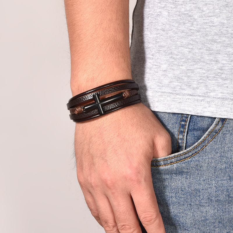 New Cross Leather Bracelet Men's Multi layer Leather Rope Weaving Bracelet Men's Alloy Bracelet