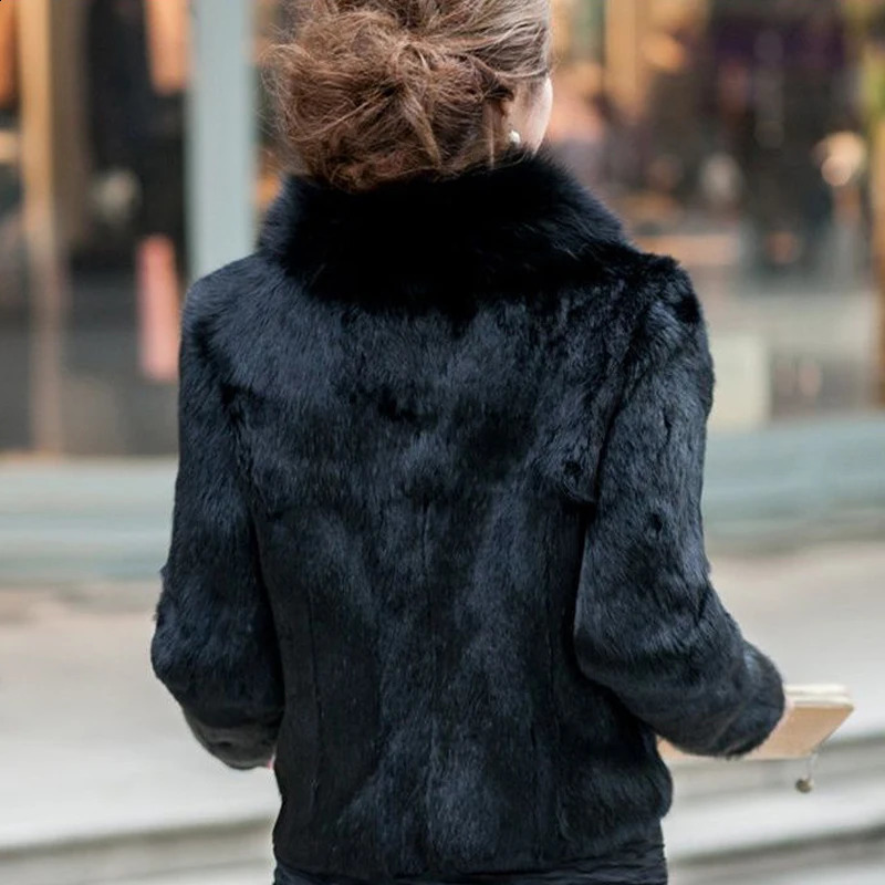 100% Genuine Whole Skin Rabbit Fur Coat with Real Natural Fox Fur Collar Jacket Full Pelt Rabbit Fur Overcoat HT89 240821