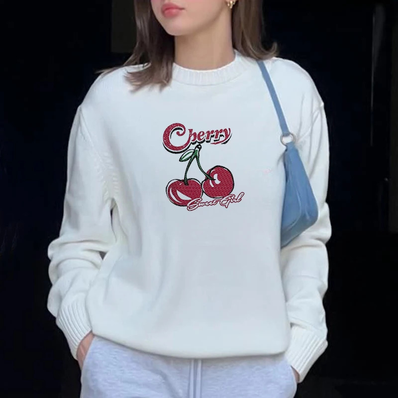 2024 Autumn Women Casual Sweater Cherry Pattern Cute Couple Sweaters O-Neck Long Sleeve Male Knitted Sweater Harajuku Pullover 240821