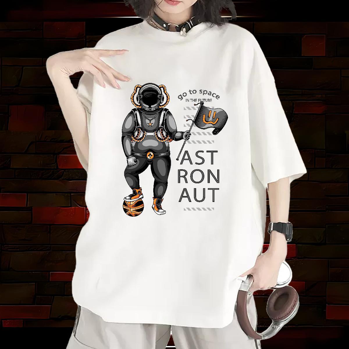 Lady Women Tees 230g Cotton cosmonaut Home Outdoor Women T Shirts Short Sleeve O-Neck Black Oversized Tops Shirt