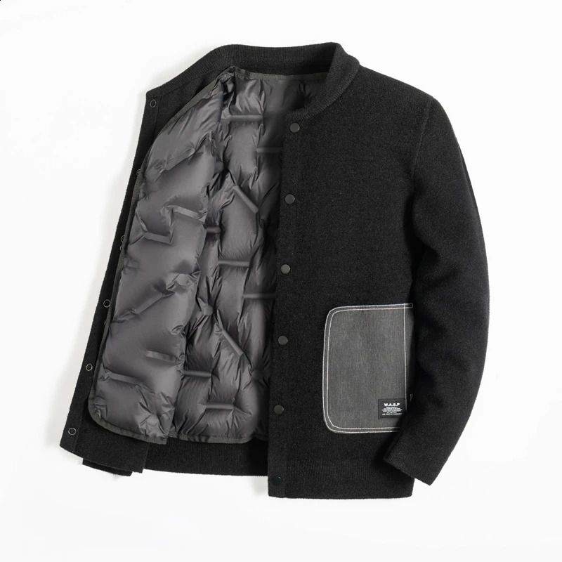 Autumn Winter Mens Thickened Fashion Baseball Collar Removable Down Liner Knitted Sweater Cardigan Jacket Warm Coat 240821