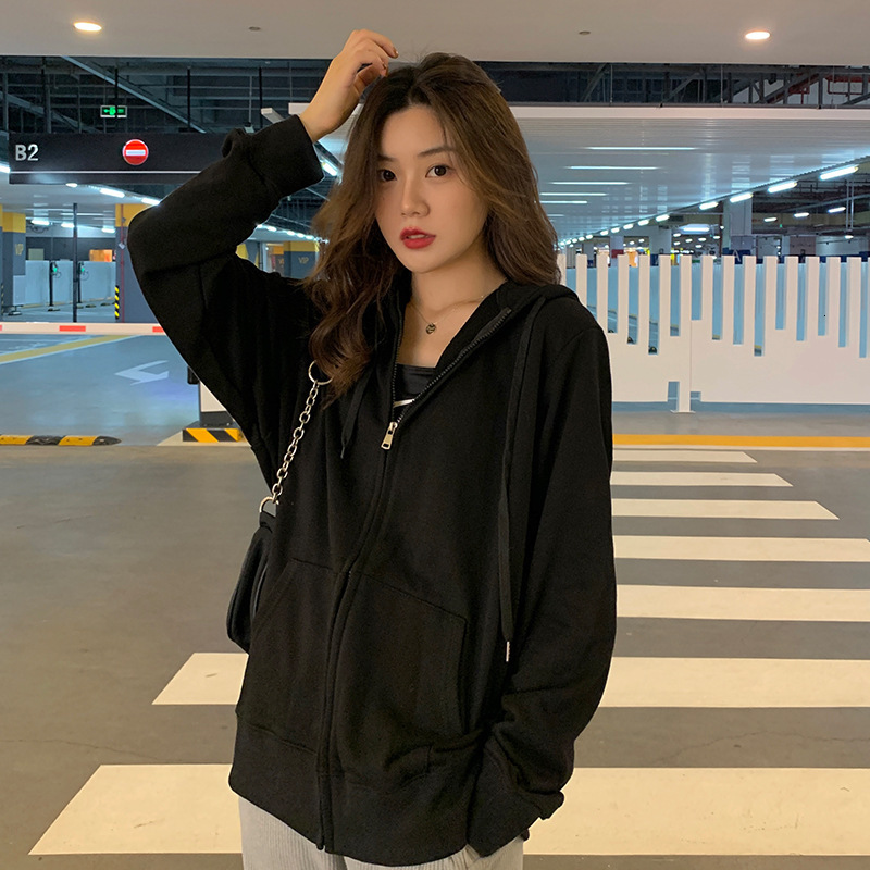 Solid color simple BF style loose mid length hooded sweatshirt cardigan jacket for women spring and autumn season long sleeved top trend dongdumaoyi