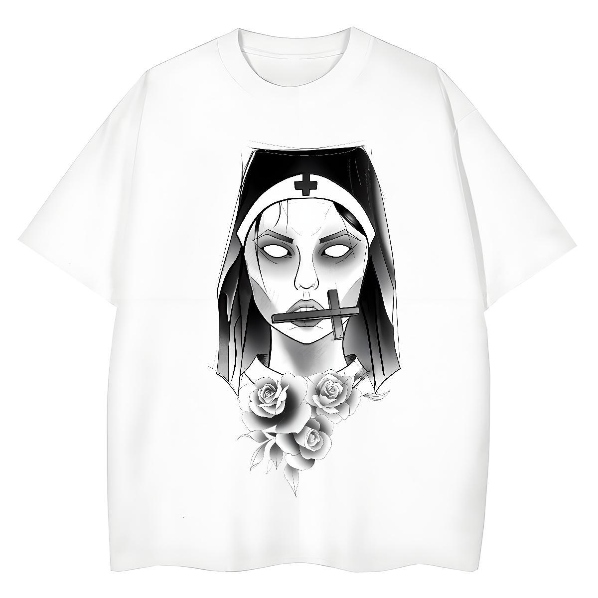 Loose Unisex Tshirts 100% Cotton 230g nun High Street Hip Hop Womens T Shirts Round Neck Short Sleeve Graphic Tees Shirts