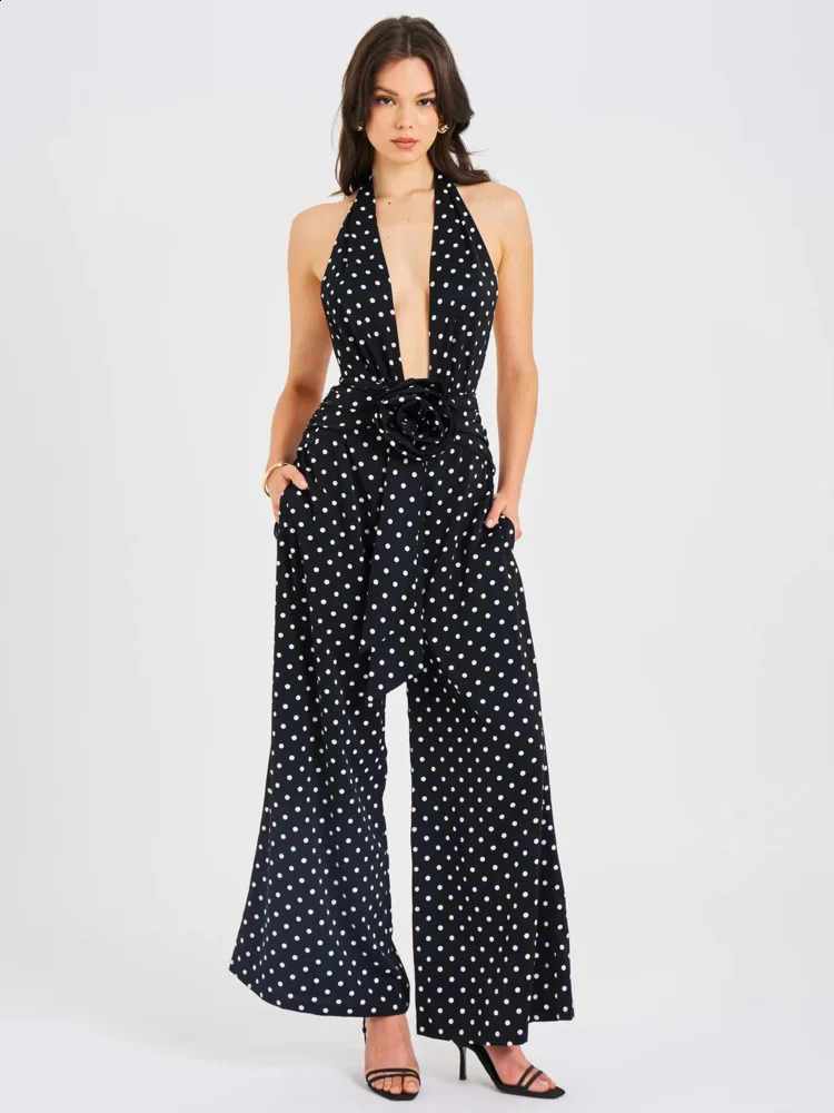Articat Sexy Deep V-neck Tie Up Backless Jumpsuit For Women Slim Wide Leg Pants Polka Dot Female Rompers Elegant Casual Holiday 240822