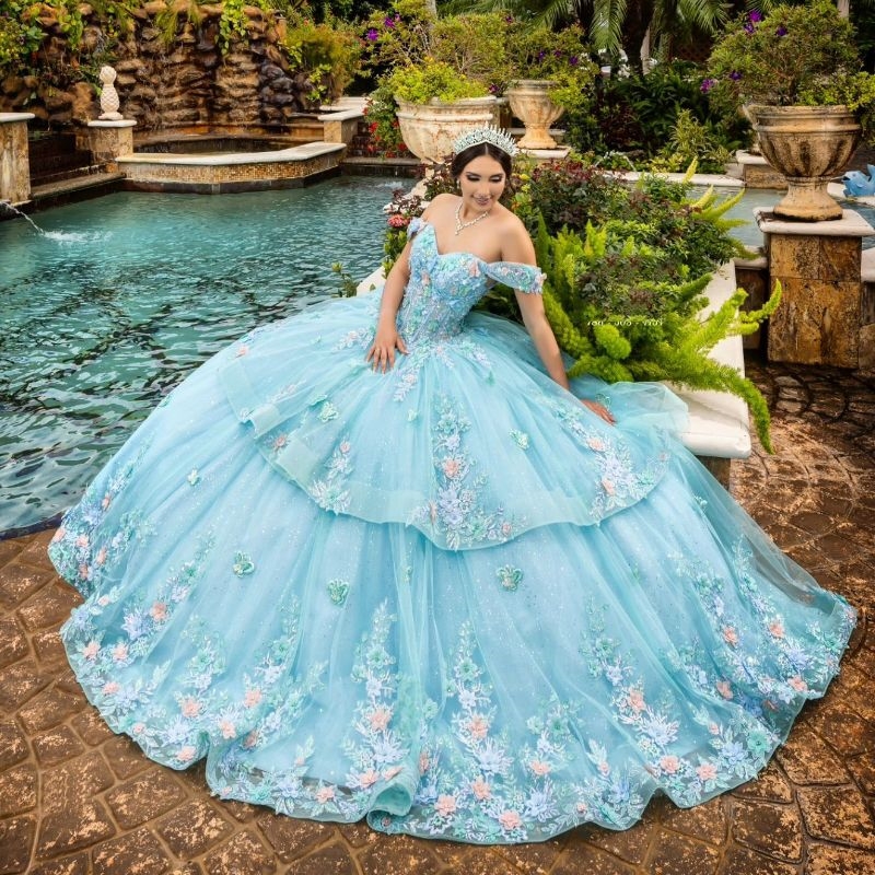 Mexican Aqua Blue Quinceanera Dresses Ball Gown Beaded Lace Appliques Flower Tull Sweet 16 Dress Princess Lace Up Vestido De 15 Anos