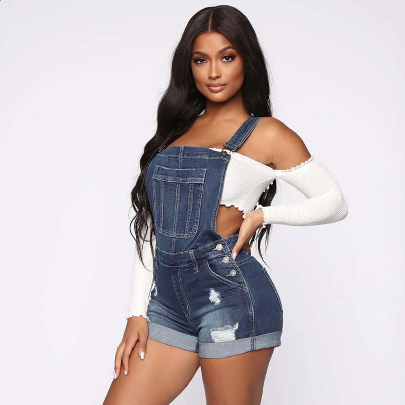 Summer Women Shorts Overalls Ripped Jeans Lady Sexy Stretch Rompers Denim Pants Lady Cross Strap Jumpsuit Casual Bodysuits 240821