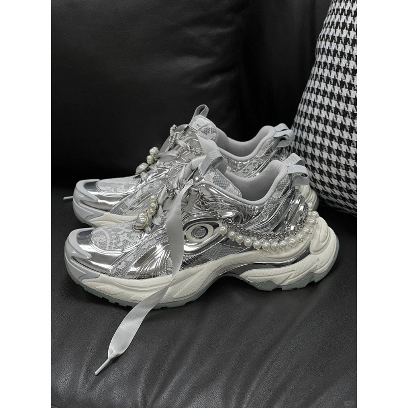 Ddmyoutdoor Cowhide Version Of P Thick Soled Sier Dad For Women New Pearl Wedding Height Increasing Mesh Casual Sports Shoes OUTDOOR