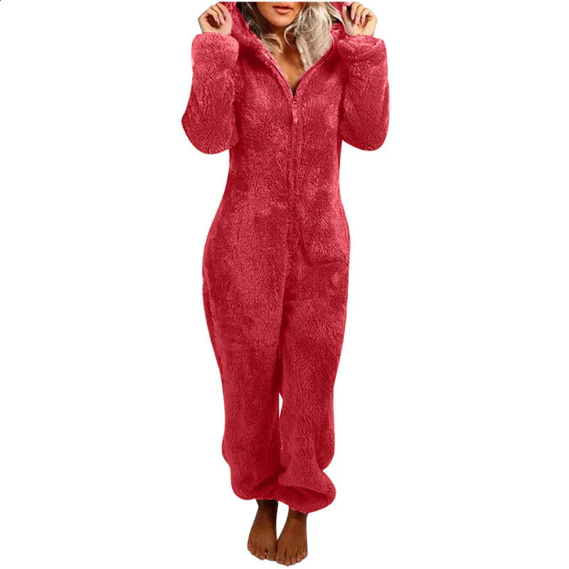5XL Women Fluffy Jumpsuits Plush Velvet Hooded Outfits Tracksuits Zipper Loose Casual Rompers Winter Warm Overall Bodysuits 240821