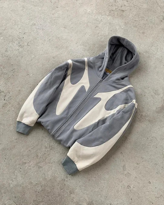 Y2K Simple Hip Hop Solid Color Splicing Zipper Hooded Jacket Mens Harajuku American Retro Sport Loose Large Long Sleeve 240821