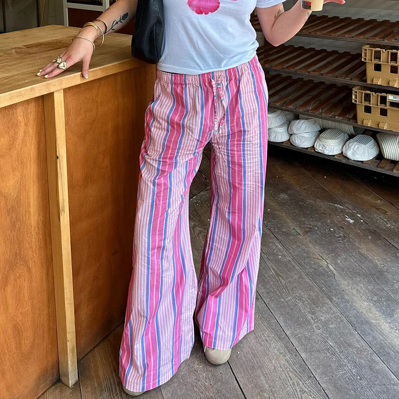 Rapcopter y2k Striped Pants Women Vintage Pink Shirring Streetwear Casual Trousers Harajuku England 90s Aesthetic Pants French 240821