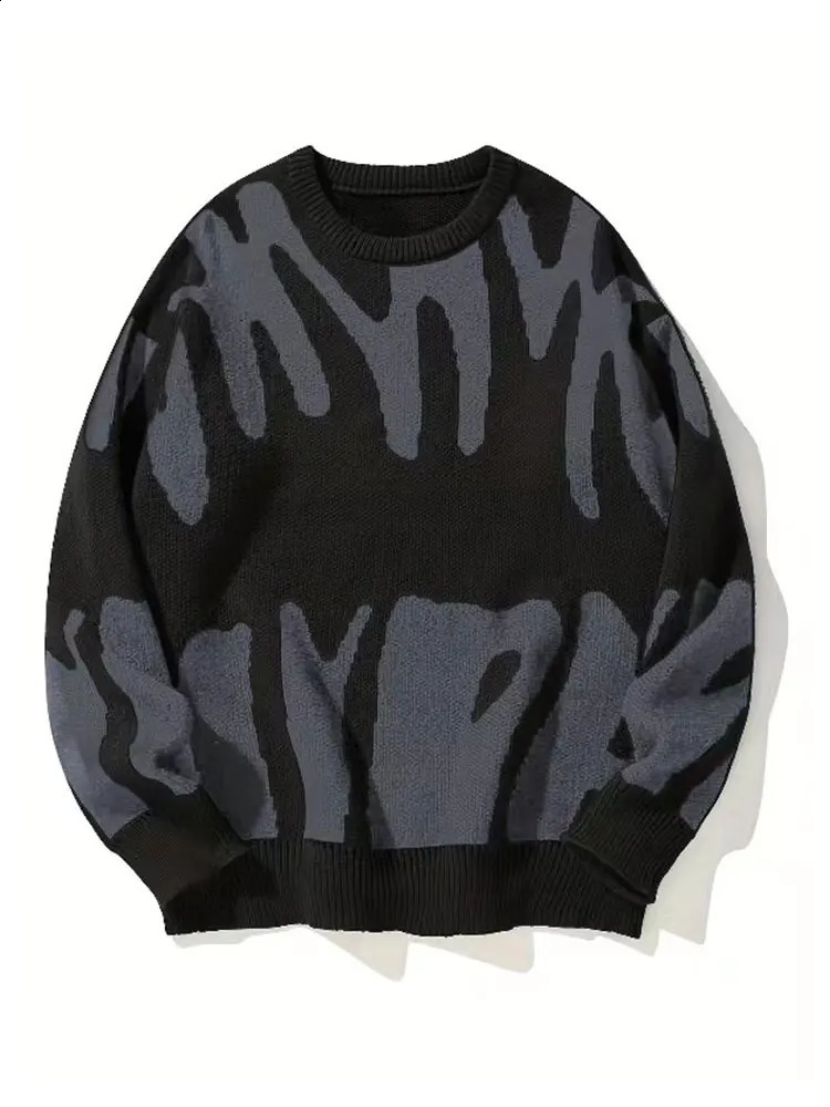 Autumn and Winter Abstract Letter Jacquard Sweater Mens Color Contrasting Round Neck Retro Loose Knitted Sweater 240821