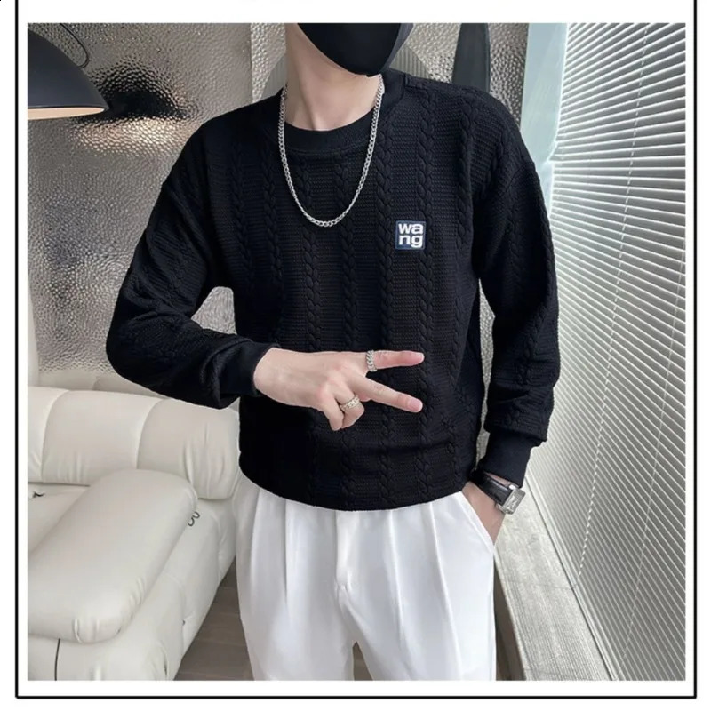 Mens Spring Autumn Fashion Simple Solid Color Pullover Round Neck Letter Casual Versatile Long Sleeve Loose Sweater Knit Tops 240821