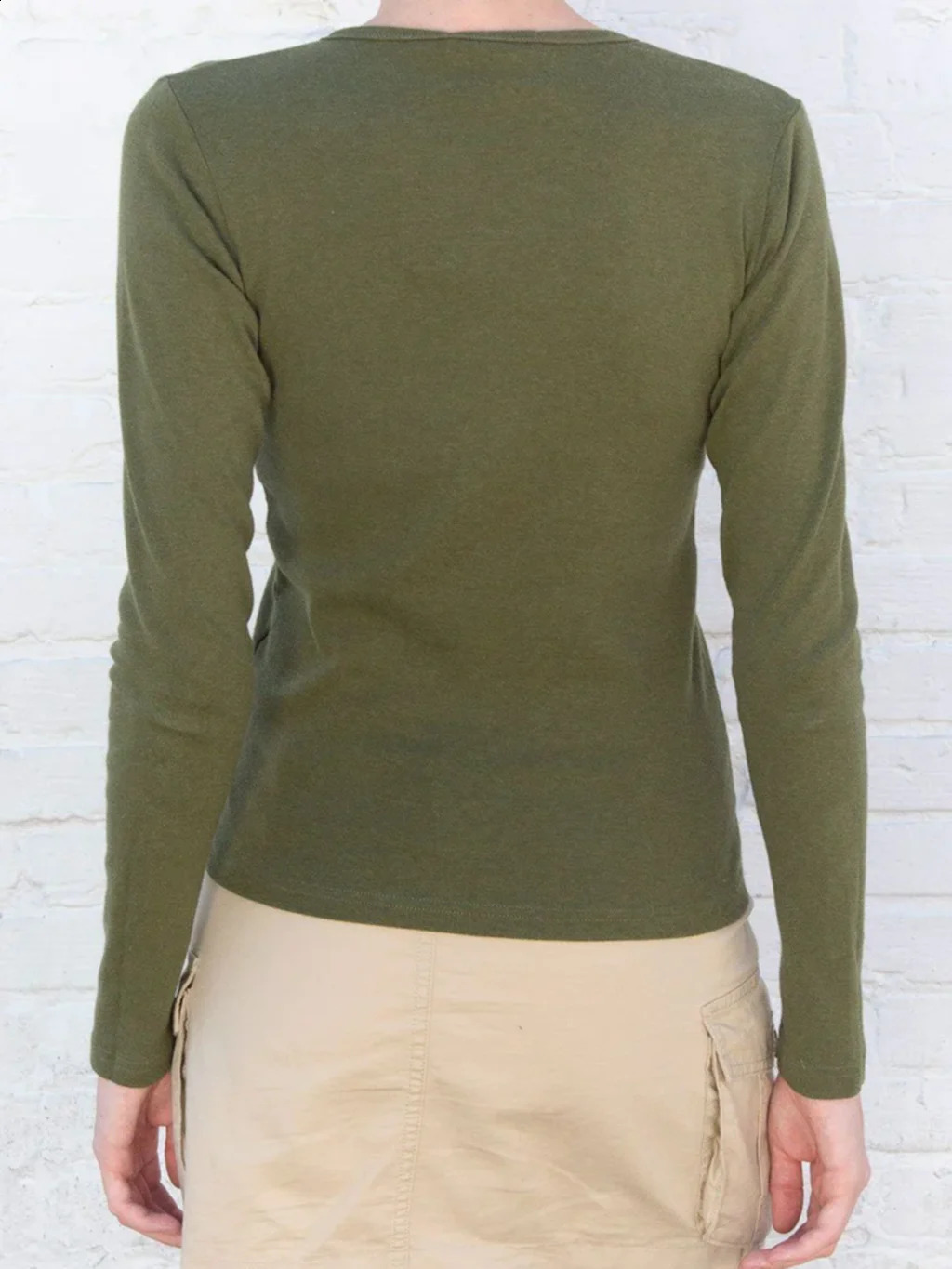 Vintage Green Basic Long Sleeve T-shirt For Woman O-Neck Slim Cotton Tee Shirt Autumn Casual Vintage Streetwear Y2k Tshirt Tops 240821