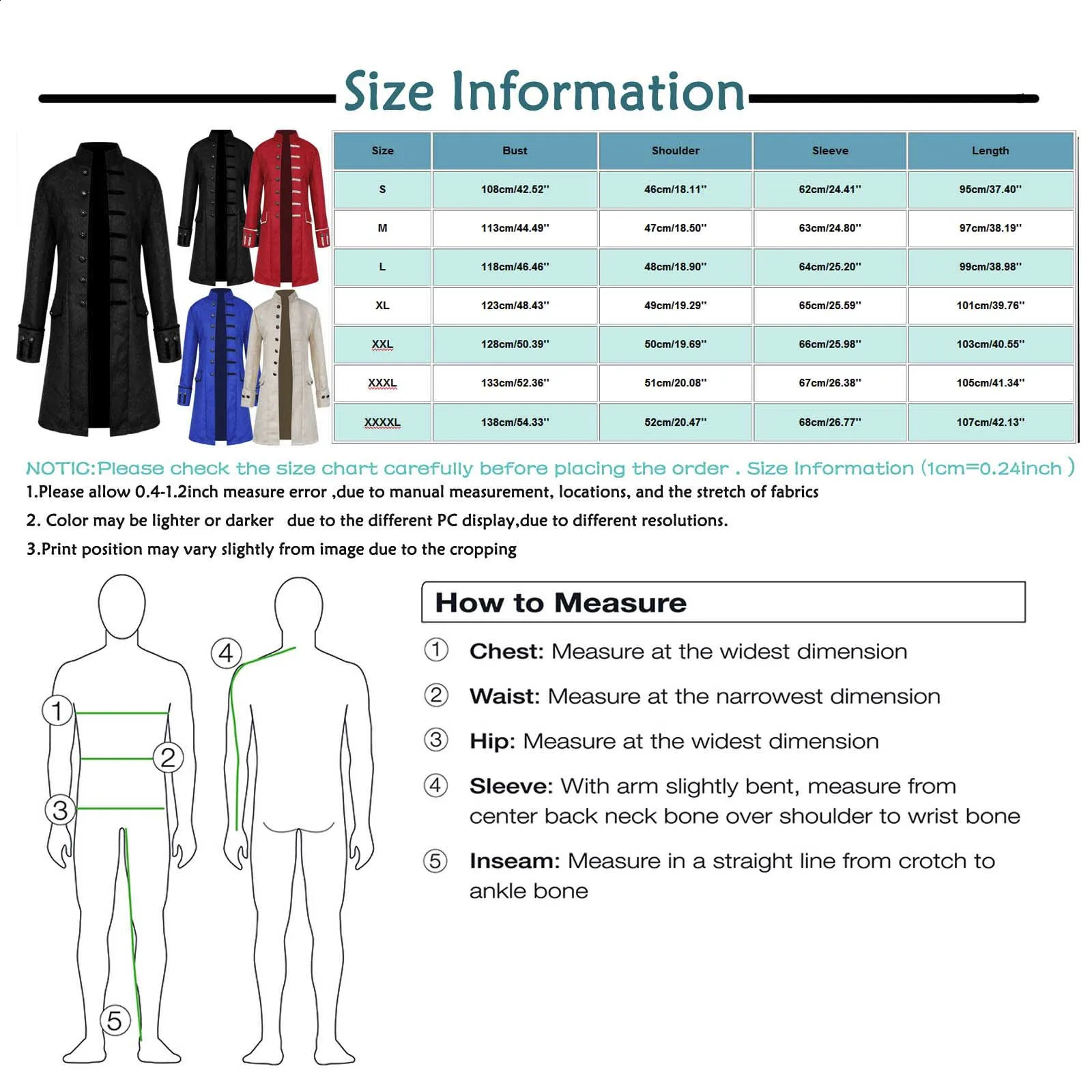 Halloween Overcoat Men Winter Warm Vintage Tailcoat Jackets Gothic Victorian Medieval Costume Outwear Buttons Tuxedo Coats 240822