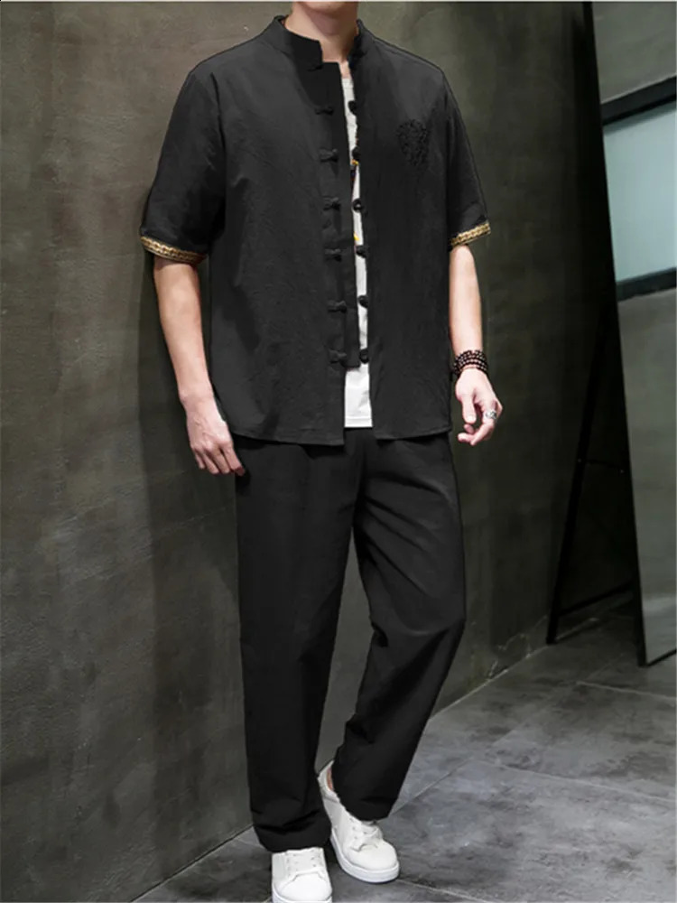 2 Pieces Summer Cotton Sets Men Chinese Style Solid Color Casual Tracksuit Streetwear Mens Short ShirtsLong Pants Plus Size 5XL 240821