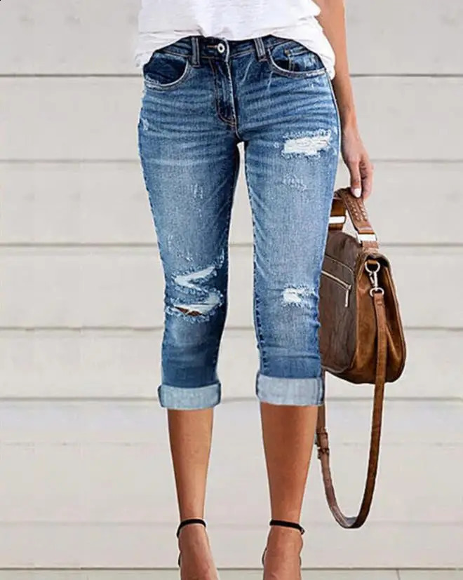 Capris Pants for Women Fashion Elegant Ripped Low Waist Capris Denim Skinny Pants Female Clothing Casual Bottom Jeans 240821