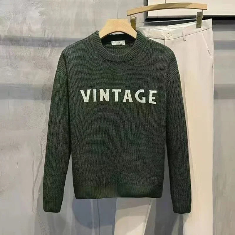 Mens clothing letter embroidery knitted sweater mens Pulleys green hooded sweatshirt wool Korean fashion autumn item 240821