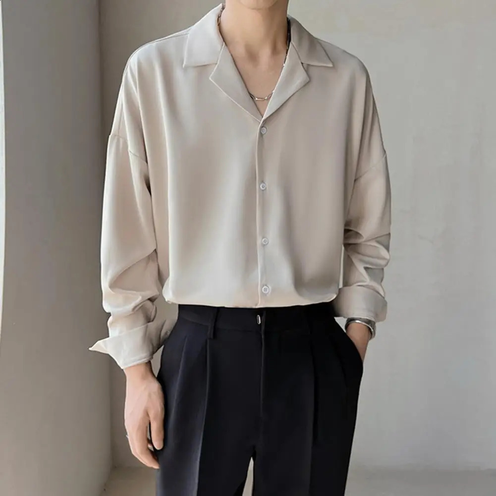 Men Loose Fit Shirt Men Business Shirt Mens Loose Fit V Neck Business Shirt with Long Sleeves Solid Color Formal for Spring 240822