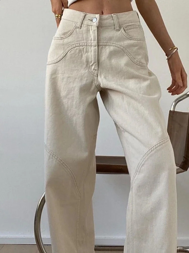 HOUZHOU Beige Jeans Baggy Women Casual Denim Trousers Vintage High Waist Wide Leg Pants Classic Streetwear Fashion Autumn Ladies 240821