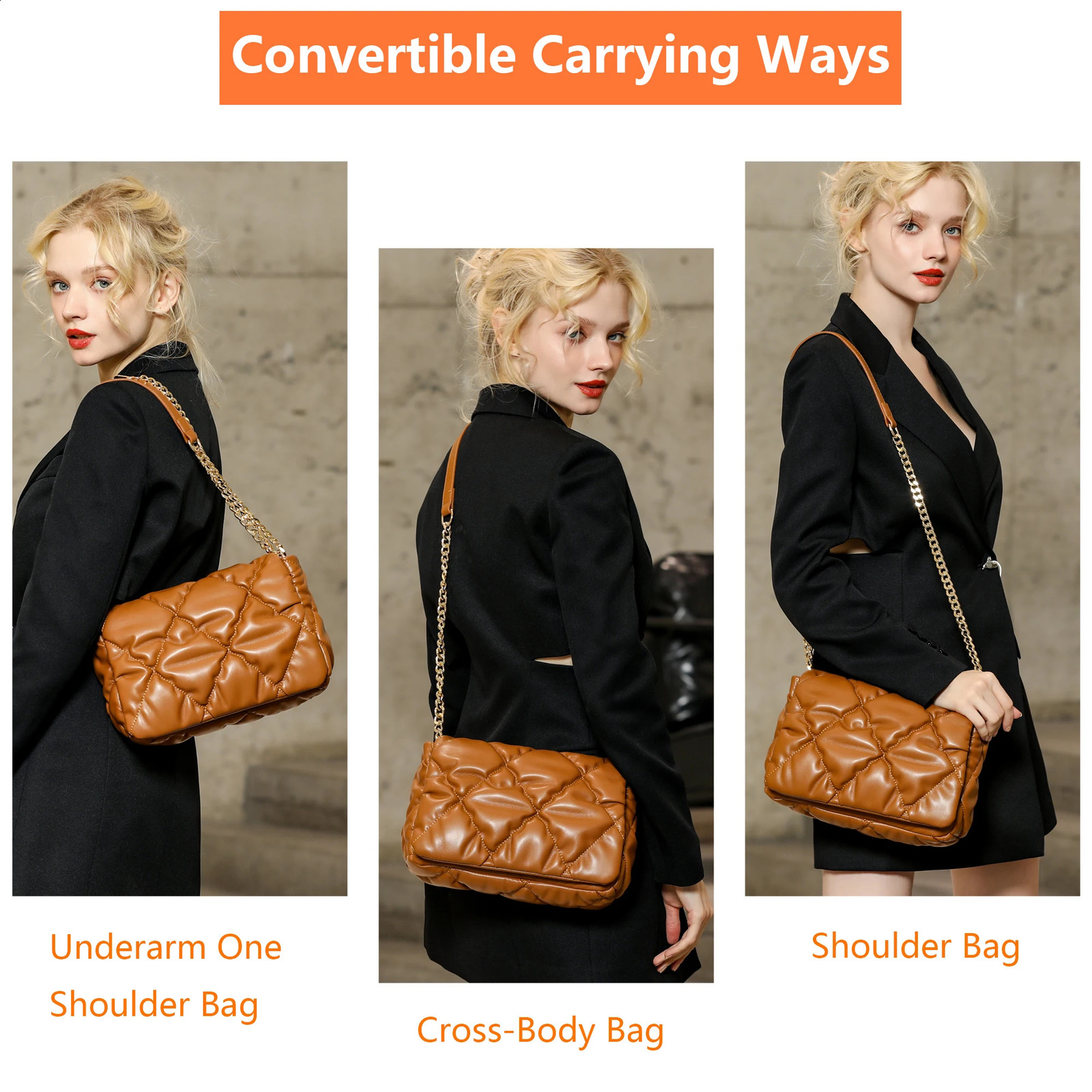 Herald Quilted Pillow Shoulder Bag for Women with y Chain Padded Puffer Puffy Trendy Ruched Crossbody Handbag Side Purse 240821