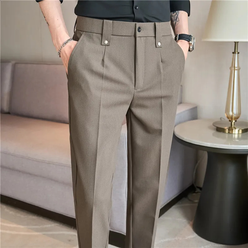 Mens set pants 2024 spring British style elastic waist solid casual formal dress pants ultra-thin slim fit mens clothing 240822