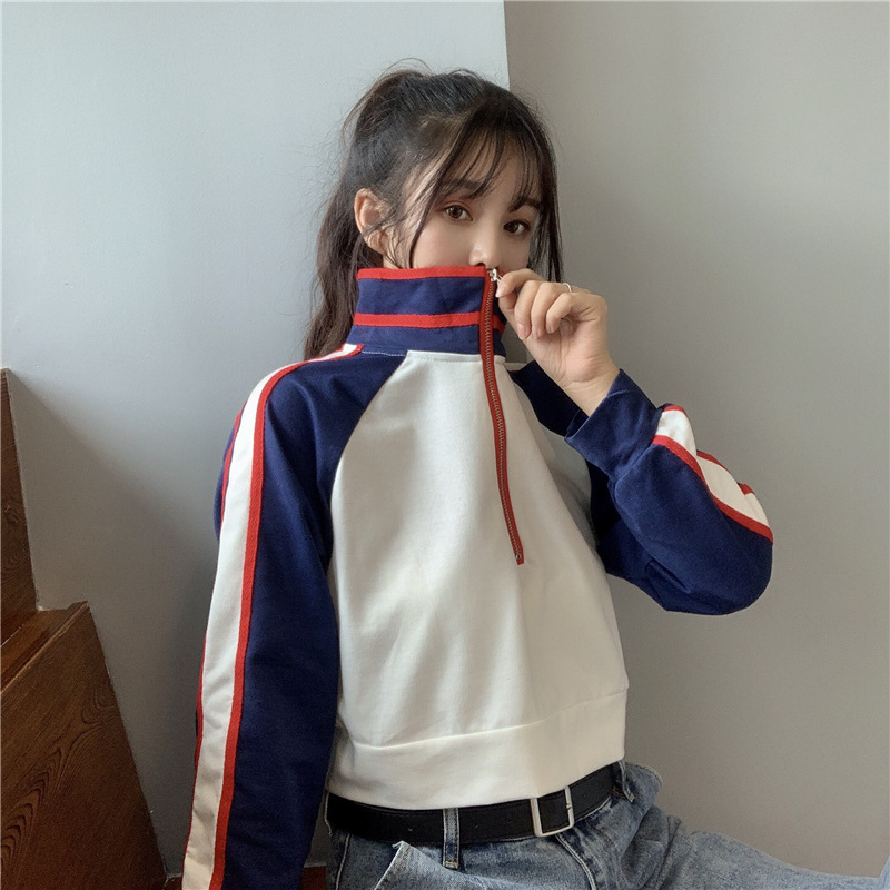 celebrity same style Instagram trendy color blocked zipper stand up collar long sleeved sweatshirt for women autumn short high waist dongdumaoyi