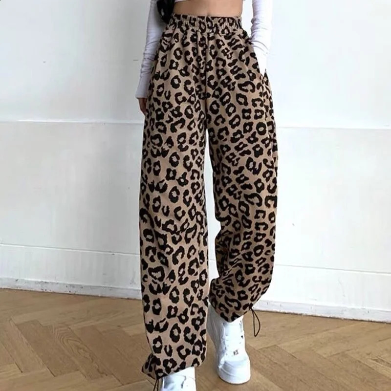 Leopard Pants Women High Elastic Waist Cozy Loose Wide Leg Students Vintage Female Spring Trouser Korean Style Streetwear Trendy 240821
