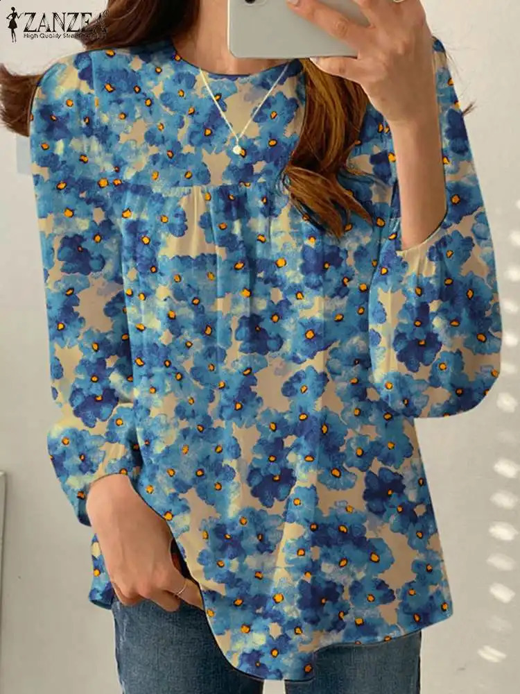 ZANZEA Autumn Flower Printed Shirt Womens Top Casual Oneck Long Sleeve Blusas Bohemain Fashion Work Holiday Chemical 240822