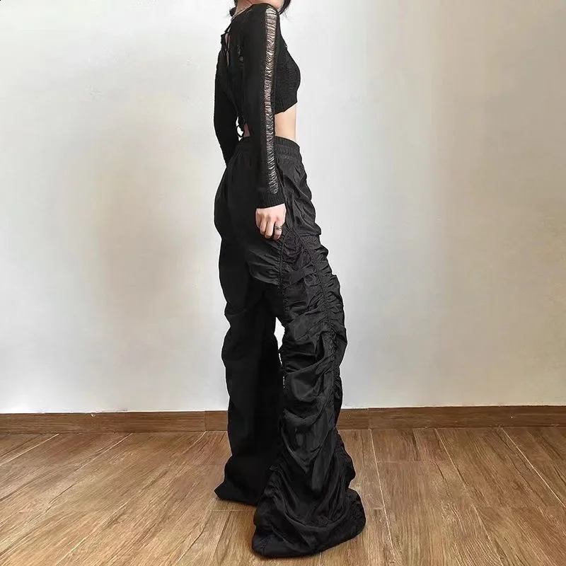 Y2K n Folds Wide Leg Trousers Women Gothic High Waist Drawstring Full Pants Fashion Baggy Casual Black Streetwear Clothes 240821