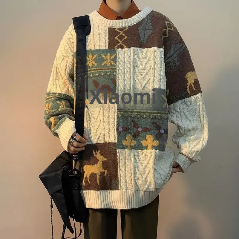 Idle Style Sweater Mens Autumn Winter Hong Kong Style Ins Trendy Knitted Top Youth Vintage Splicing Loose Fit Woolen Coat 240821